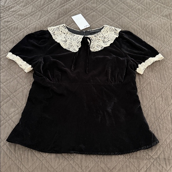 Zara NWT Black Velvet Crochet Bow Top/Shirt/Blouse size XL - Picture 9 of 17